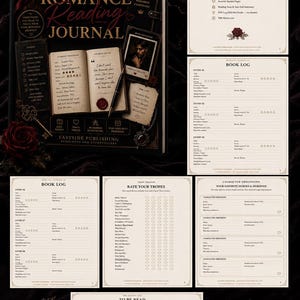 May include: A dark romance reading journal with a black cover, featuring the title "Dark Romance Reading Journal" and the Eastside Publishing logo. The journal includes book logs, trope trackers, and quote pages. Red roses and decorative elements enhance the design.