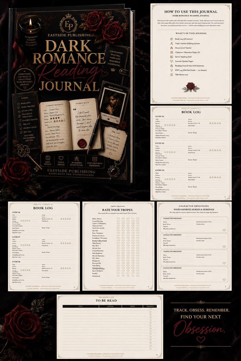 May include: A dark romance reading journal with a black cover, featuring the title "Dark Romance Reading Journal" and the Eastside Publishing logo. The journal includes book logs, trope trackers, and quote pages. Red roses and decorative elements enhance the design.