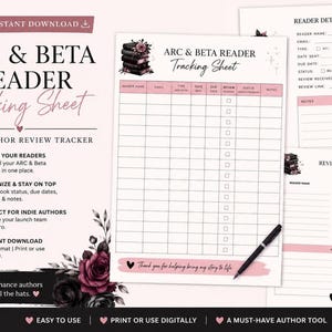 May include: A digital ARC and Beta reader tracking sheet template featuring a stack of books and floral graphics. The document includes sections for reader details, review status, due dates, and notes, with a black pen resting on the page.