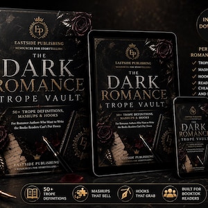 以下が含まれることがあります： ロマンス作家向けのリソースであるThe Dark Romance Trope Vaultが、本、タブレット、携帯電話に表示されています。 黒い表紙に金色の文字とバラのアクセント。 トロープの定義とマッシュアップに関するテキストが含まれています。