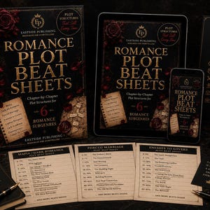 Peut inclure: Ensemble de guides d'écriture de romance, comprenant un livre à couverture rigide, une tablette et un smartphone, affichant tous le titre "Romance Plot Beat Sheets". Les guides présentent des structures d'intrigue pour six sous-genres de romance.
