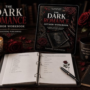 May include: A spiral-bound author workbook titled The Dark Romance Author Workbook with sections for Trope Ideas and Character Development. The workbook features a black cover with red roses, a black mug with text, and a lit candle in a gold holder.