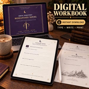 Könnte beinhalten: Ein digitales Arbeitsbuch zum Schreiben eines Romantasy-Romans, angezeigt auf einem Laptop und Tablet, neben ausgedruckten Seiten. Das Arbeitsbuch enthält Abschnitte für Charaktere, Handlung und Weltaufbau mit himmlischen Motiven.