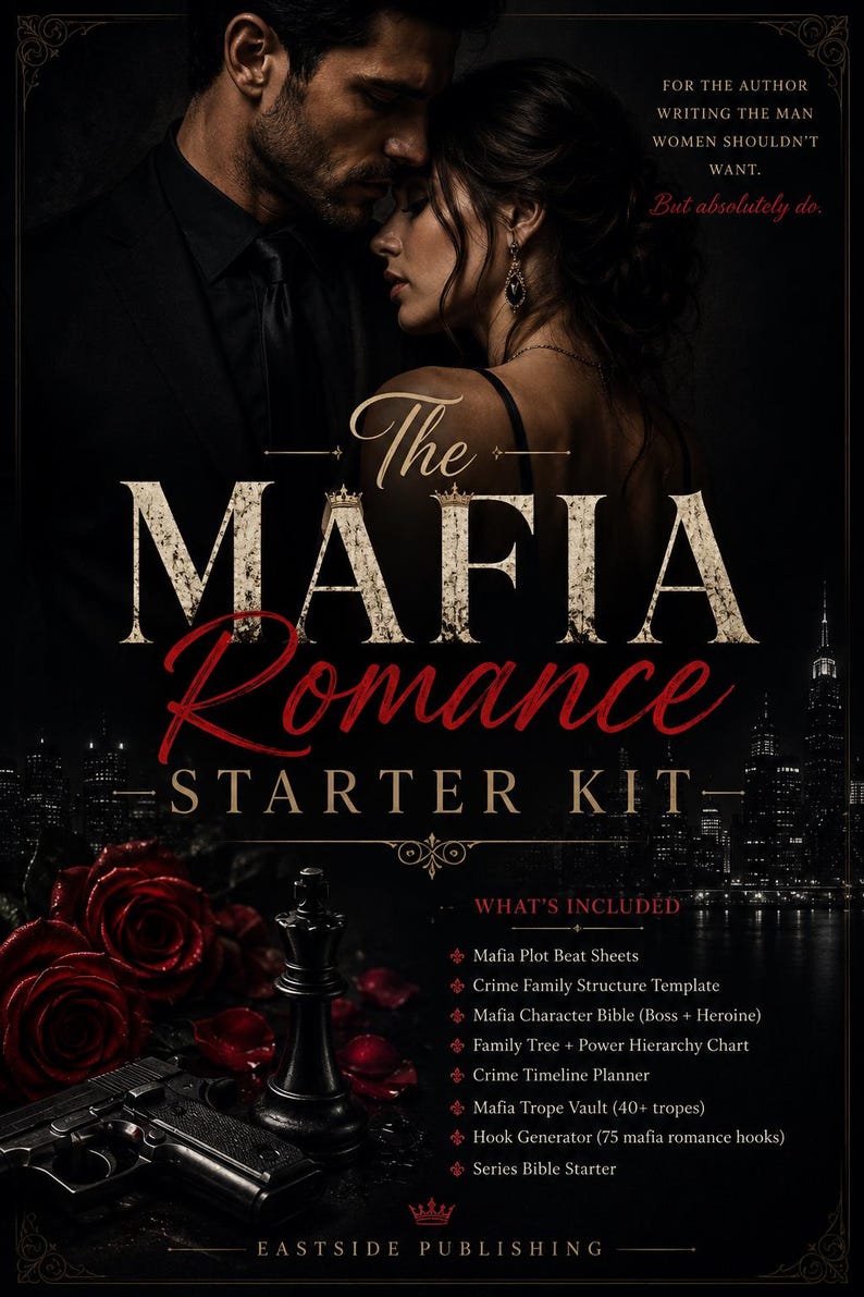 May include: A digital product cover titled The Mafia Romance Starter Kit featuring a couple in formal attire, red roses, a chess piece, and a handgun. The text lists included items like plot beat sheets, character bibles, and crime family templates.