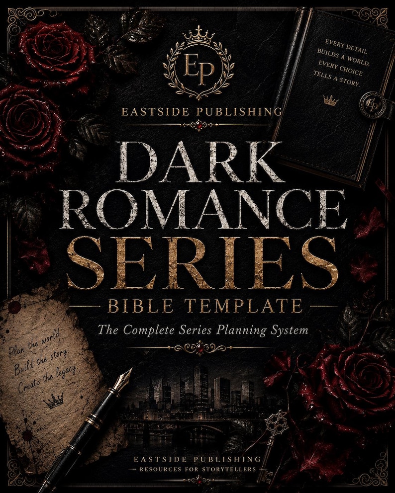 May include: A dark-themed book cover titled Dark Romance Series Bible Template by Eastside Publishing. The design features deep red roses, a fountain pen, a vintage key, and a parchment scrap with the text Plan the world, Build the story, Create the legacy.