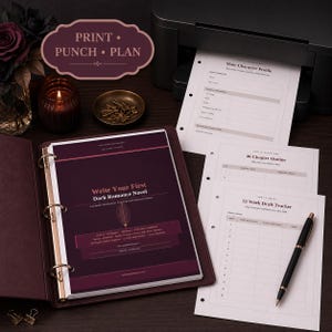May include: A dark purple three-ring binder containing a workbook titled Write Your First Dark Romance Novel, accompanied by loose-leaf pages including a Main Character Profile, 40-Chapter Outline, and 12-Week Draft Tracker, with a black pen.