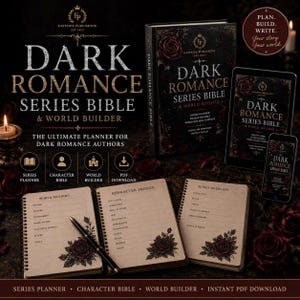 May include: A Dark Romance Series Bible and World Builder planner set featuring a hardcover book, a tablet, a smartphone, and three open spiral-bound notebooks with rose illustrations, character profile templates, and world-building sections.
