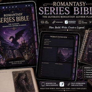 May include: A digital Romantasy Series Bible author planner displayed on tablets and a physical notebook. The planner features a dark purple aesthetic with dragon and castle illustrations, 291 pages, hyperlinked tabs, and character profile templates.