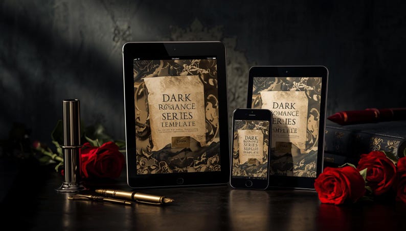 May include: A tablet, a smartphone, and a smaller tablet displaying the text "DARK ROMANCE SERIES TEMPLATE" on their screens. The devices are arranged with red roses, a gold fountain pen, and a silver pen holder on a dark surface.