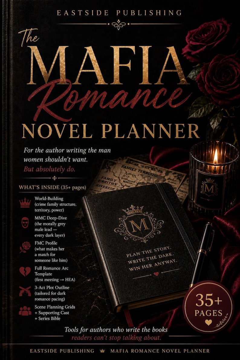 K&ouml;nnte beinhalten: Ein schwarzer Romanplaner mit dem Titel The Mafia Romance Novel Planner von Eastside Publishing. Der Einband zeigt goldenen Text, eine Krone und den Buchstaben M. Er enth&auml;lt Abschnitte f&uuml;r World-Building und Handlungsentw&uuml;rfe mit 35+ Seiten.