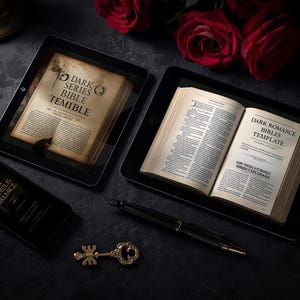 May include: Two black tablets and a smartphone displaying digital book templates with text including DARK SERIES BIBLE TEMIBLE and DARK ROMANCE BIBLES TEMPLATE. A black fountain pen and a small gold-colored ornate key are placed on the dark surface.