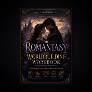 May include: A book cover for "The Romantasy Worldbuilding Workbook" by Eastside Publishing. The cover features a romantic couple in front of a castle, with the title in ornate lettering. Additional text includes "Build a world your readers can't stop living in."
