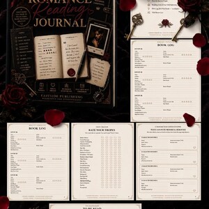 May include: A dark romance reading journal with a black cover, featuring the title in red and gold lettering. The journal includes pages for book logs, character notes, and a 'to be read' list. Decorative elements include roses, keys, and a candle.