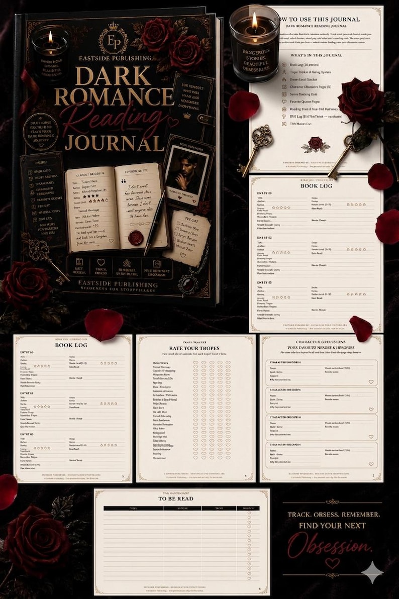 May include: A dark romance reading journal with a black cover, featuring the title in red and gold lettering. The journal includes pages for book logs, character notes, and a 'to be read' list. Decorative elements include roses, keys, and a candle.