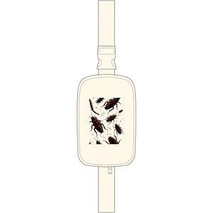 May include: A cream-colored fanny pack featuring a rectangular main compartment with a zipper closure and an adjustable strap with a plastic buckle. The front of the bag displays a graphic print of multiple dark brown cockroaches scattered across it.
