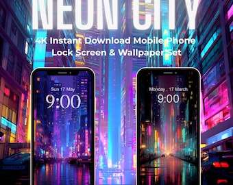 Cyberpunk Neon City Mobile Backgrounds 4K Digital Download for iPhone & Android
