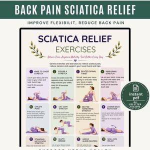 Peut inclure: Un tableau numérique intitulé BACK PAIN SCIATICA RELIEF présentant douze étapes d'exercices illustrées avec des instructions. Le document inclut du texte pour les étirements genou-poitrine, figure 4, torsion assise et piriforme, avec un badge pdf instantané.