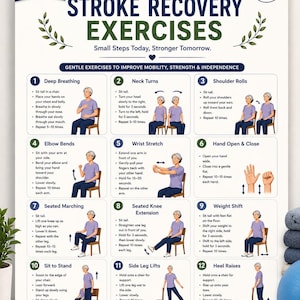 May include: Printable stroke recovery exercises guide. Includes 12 exercises with illustrations, such as deep breathing, neck turns, and shoulder rolls. Text includes "Small Steps Today, Stronger Tomorrow." Available in US Letter, A4, and 16x20 sizes.