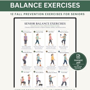 May include: A digital poster titled BALANCE EXERCISES 12 FALL PREVENTION EXERCISES FOR SENIORS. It features twelve illustrated panels showing movements like Grapevine Walk and Tai Chi Shift, with instructions for each. Includes A4, US Letter, and 16x20in sizes.