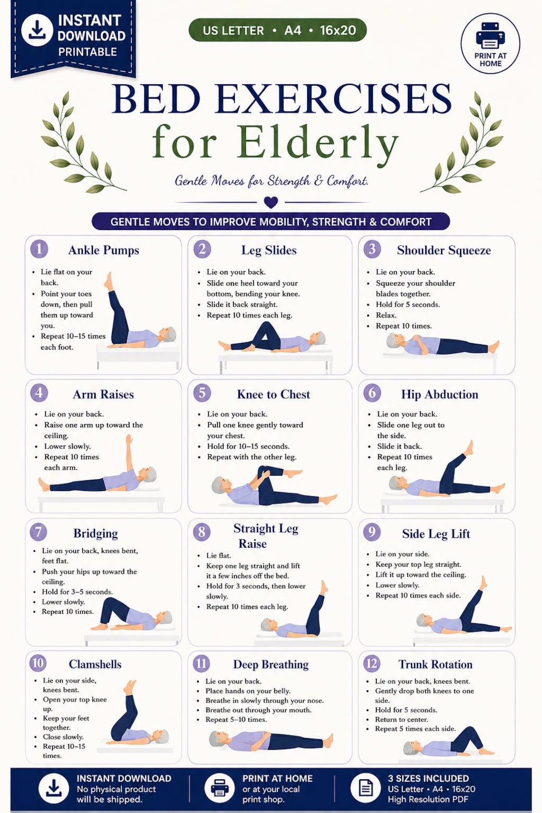 Bed Exercises for Elderly Printable | Senior Chair & Bed Workout PDF ...