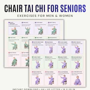 Pode incluir: Um gráfico de instruções digital intitulado CHAIR TAI CHI FOR SENIORS EXERCISES FOR MEN & WOMEN. Apresenta ilustrações numeradas de pessoas realizando exercícios sentados, como respiração, elevação de braços e giros de tronco.