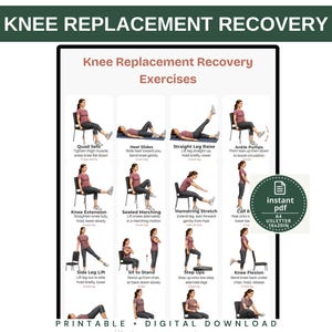 Op de afbeelding: Een digitale poster getiteld Knee Replacement Recovery Exercises met zestien illustraties van een persoon die fysiotherapeutische oefeningen uitvoert. De kaart bevat tekstinstructies voor elke oefening en een cirkelvormige badge voor directe PDF, A4, US Letter en 16x20in formaten.