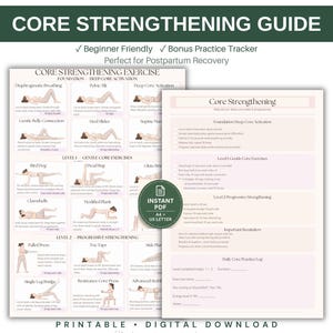 May include: A digital core strengthening guide featuring exercise illustrations and instructions. The document includes sections for foundation, gentle, and progressive exercises, a practice tracker, and a circular badge stating Instant PDF A4 US Letter.