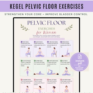 May include: A printable instructional chart titled KEGEL PELVIC FLOOR EXERCISES featuring twelve numbered illustrations of a person performing various exercises. The text includes instructions for basic, quick, long hold, bridge, elevator, supine, happy baby, butterfly, standing, squat, wall sit, and deep breathing kegels.