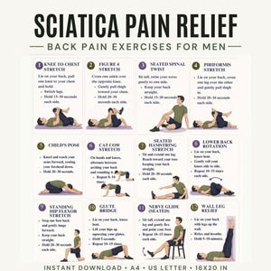May include: An instructional chart titled SCIATICA PAIN RELIEF BACK PAIN EXERCISES FOR MEN featuring twelve numbered illustrations of exercises including knee to chest, figure 4, spinal twist, piriformis stretch, child's pose, and glute bridge.