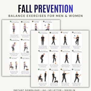 May include: A digital poster titled FALL PREVENTION BALANCE EXERCISES FOR MEN & WOMEN featuring twelve illustrated instructional cards. Each card displays a person performing a specific movement with numbered steps and text descriptions for balance training.