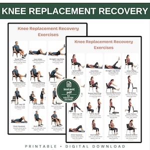 Può includere: Un poster digitale intitolato Knee Replacement Recovery Exercises che mostra esercizi di fisioterapia illustrati. Il grafico include testo per esercizi come Quad Sets, Heel Slides e Step Ups, con un badge instant PDF A4.