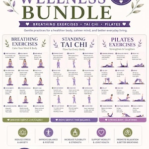May include: A printable A4 size Gentle Wellness Bundle poster set. Includes Breathing Exercises, Tai Chi, and Pilates, with illustrations and instructions. Promotes relaxation, flexibility, and stress reduction.