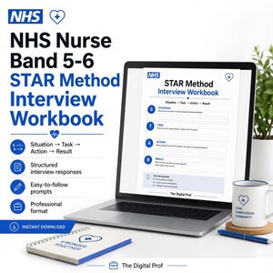 May include: A laptop displaying an NHS Nurse Band 5-6 STAR Method Interview Workbook, featuring sections for Situation, Task, Action, and Result. Beside it sits a white mug with a heart logo and a notebook labelled Stronger Together with a blue pen.