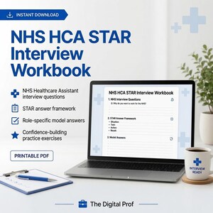 May include: A digital NHS HCA STAR Interview Workbook displayed on a laptop screen, featuring interview questions, a STAR answer framework, and model answers. The set includes a printable PDF, a blue pen on a notepad, and a white mug with a blue cross logo.