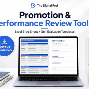 Puede incluir: Una computadora portátil muestra un "Promotion & Performance Review Toolkit" con plantillas de hoja de jactancia de Excel y autoevaluación. La imagen incluye un botón azul de "Descarga instantánea", una taza y una pila de libros.
