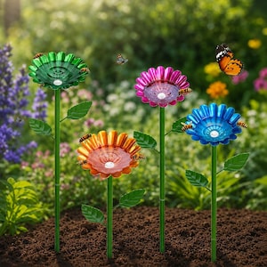 Decorative Metal Flower Rainwater Collector, Bee Butterfly Puddler Drinker, Outdoor Bird Bath Garden Stake Yard Art