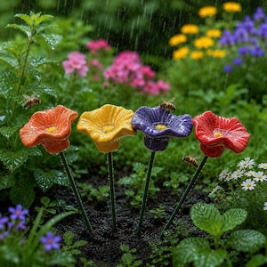 Conjunto de 4 Estacas de Cerâmica para Abelhas e Borboletas com Formato de Flor, Atrai Polinizadores, Estação de Água da Chuva para Jardim, Decoração Floral Duradoura