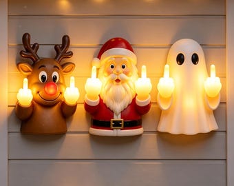 Divertente lampada da parete notturna con dito medio, lampada da parete in resina con Babbo Natale, fantasma e renna sarcastici, alimentata a batteria, decorazione per scrivania, decorazione per esterni e casa.