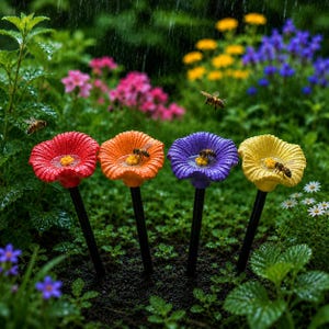 Resin Flower Rain Catcher Stakes,Rust-Resistant Metal Rod Bee Waterer, Butterfly Bath Rain Catcher, Garden Ornaments,Durable Plant Pot Decor