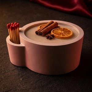 以下が含まれることがあります： ピンク色のコンクリート製キャンドルホルダー。マッチを入れるサイドコンパートメント付き。キャンドルには、乾燥オレンジスライス、シナモンスティック、スターアニスが添えられています。背景は、バーガンディ色の布がある暗い表面です。