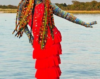 Handmade Red Crochet Midi Dress | Tiered Ruffle Skirt, Krobo Bead Embellished, Afrocentric Fashion