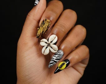 Cowrie Shell Zebra Print Press-On Nails | Handmade Afrocentric Acrylic Art Kit