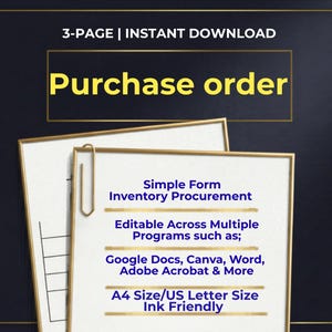 Inköpsorder | Redigerbar mall | Enkelt formulär för lagerupphandling i pdf-format | Tomt formulär för inköpsorder i A4- och US Letter-format