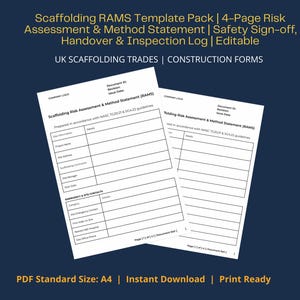 Peut inclure: Fond bleu foncé avec du texte blanc et deux feuilles de papier blanches. Le texte indique "Scaffolding RAMS Template Pack | 4-Page Risk Assessment & Method Statement | Safety Sign-off, Handover & Inspection Log | Editable". Les papiers sont intitulés "Scaffolding Risk Assessment & Method Statement".