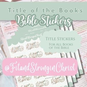 May include: A set of Bible stickers featuring floral-themed labels for books of the Bible, including Genesis, Exodus, Joshua, 1 Kings, 2 Chronicles, Ezra, and Nehemiah. The stickers are displayed on a light green checkered sheet with text overlays.