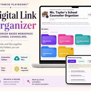 May include: A digital link organizer for school counselors displayed on a laptop and tablet screen. The interface features colorful folders labeled Daily Essentials, Forms & Templates, Counseling Curriculum, Professional Learning, and Family Resources.