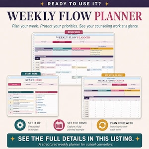 May include: A digital Weekly Flow Planner for school counselors featuring three distinct views: a demo week, a start here guide, and a blank weekly template. The layout includes sections for focus, priorities, and a time-blocked schedule.