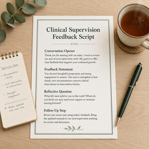 May include: A clinical supervision feedback script with text, a notepad with handwritten notes, a cup of tea, and a pen. The script includes sections for conversation opener, feedback statement, reflective question, and follow-up step.