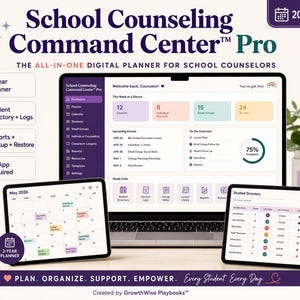 May include: A digital planner titled School Counseling Command Center Pro 2026-2028 displayed on a laptop and two tablets. The screens show a dashboard, a May 2026 calendar, and a student directory with various organizational tools and data tracking features.