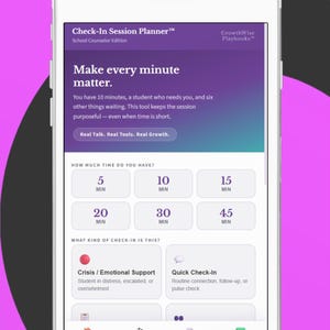 May include: A white smartphone displaying the Check-In Session Planner app for school counselors. The screen shows options for session duration in minutes, categories for crisis or quick check-ins, and navigation icons for setup, session, notes, and wrap-up.